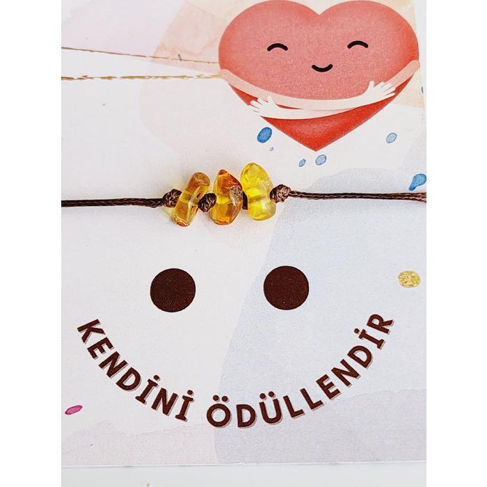 Asansörlü Kehribar Unisex Bileklik  Kahverengi İp- Kendini Ödüllendir