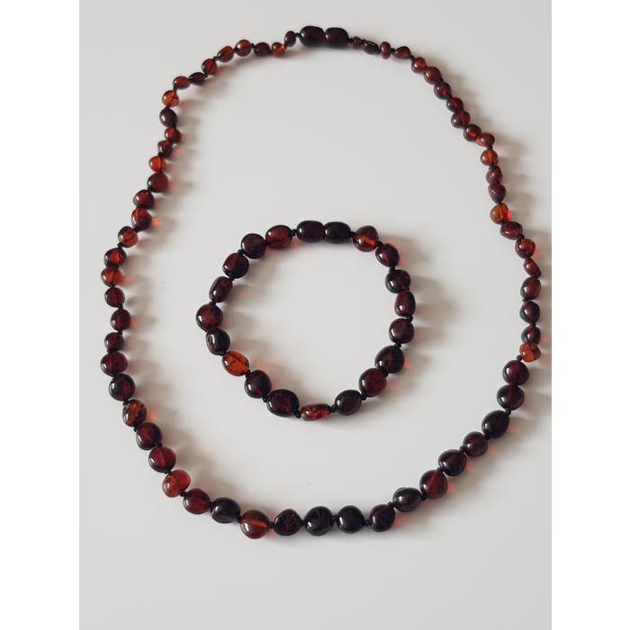 Damla Kehribar Vişne Renk Anne Baba Yetişkin Kolye - Bileklik Set Unisex