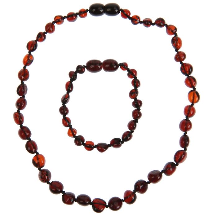 Damla Kehribar Vişne Renk Anne Baba Yetişkin Kolye - Bileklik Set Unisex