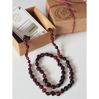 Damla Kehribar Vişne Renk Anne Baba Yetişkin Kolye - Bileklik Set Unisex