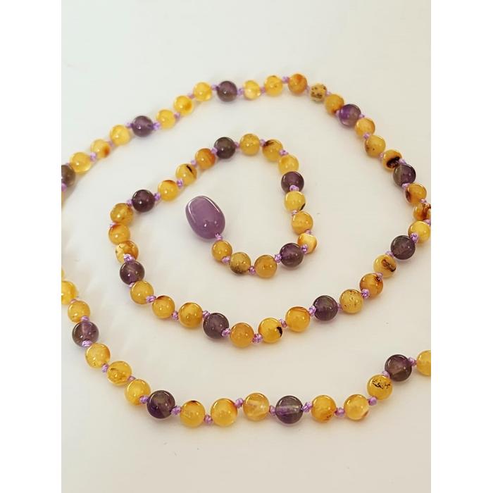 Orijinal Kehribar & Ametist 50 cm Yetişkin Kolye